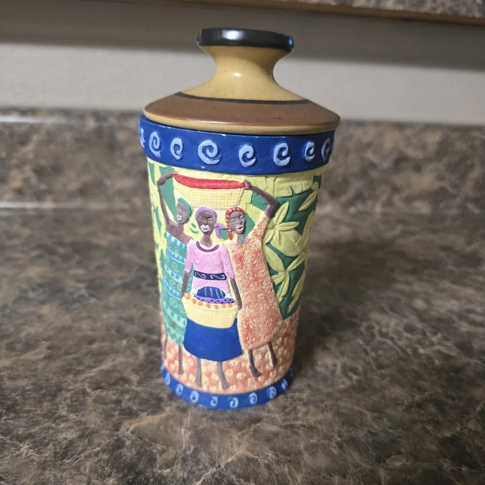 Hand Painted‎ Decorative Lidded Canister Jar African Market Scene 5.5